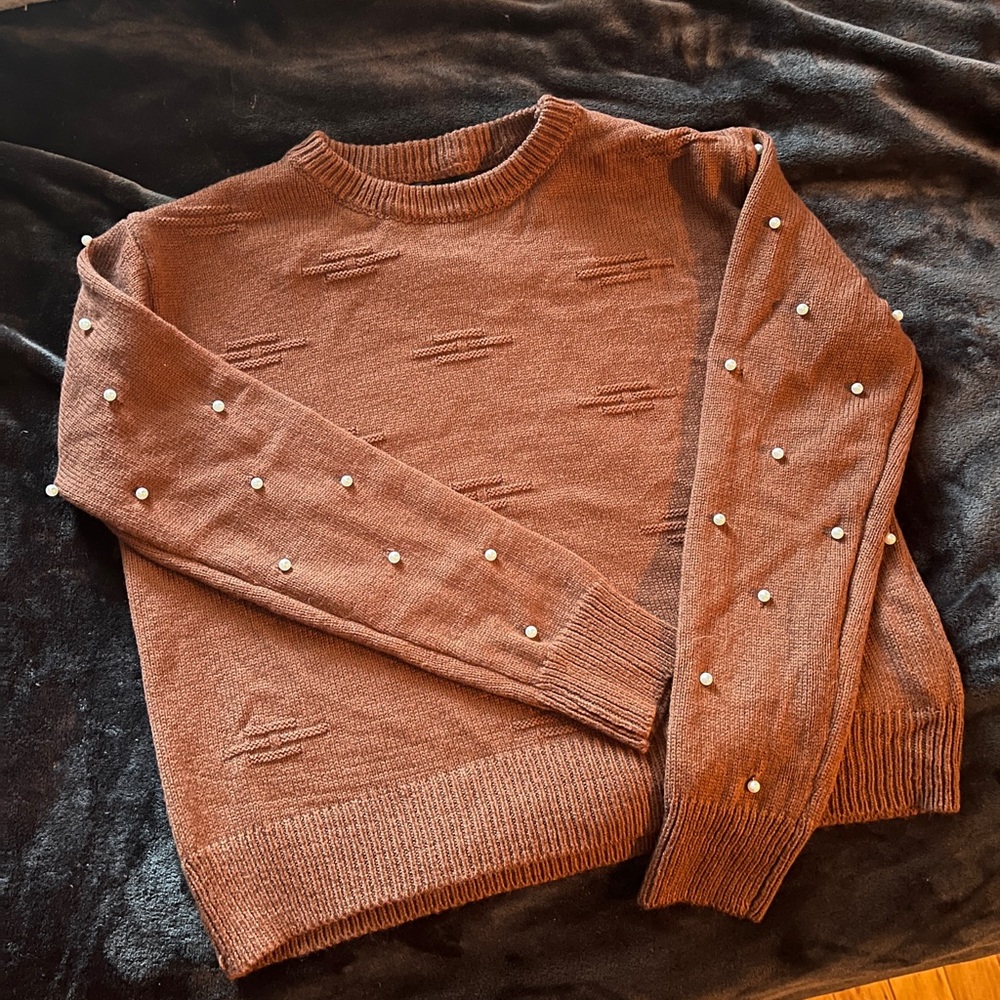 SHEIN Brown Knit Sweater with pearls